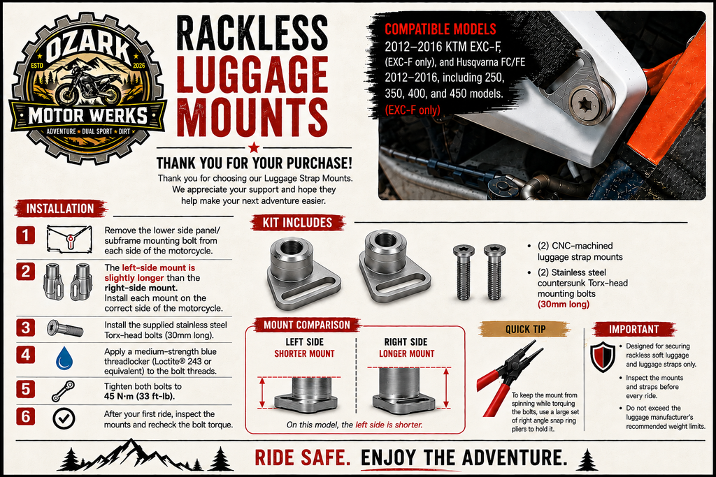 20-23 KTM EXC-F Rackless Luggage Strap Mounts